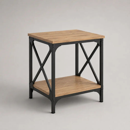 Table d'appoint carrée en acier noir et bois effet chêne naturel avec étagère, 50 × 50 × 60 cm