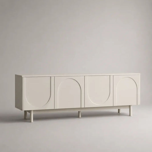 Meuble TV bas rectangulaire à 4 portes en MDF laqué et métal blanc cassé, 180 x 40 x 65 cm