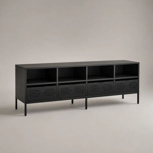 Meuble TV industriel bas en acier noir avec 4 niches et 4 compartiments ventilés, 180 × 40 × 68 cm