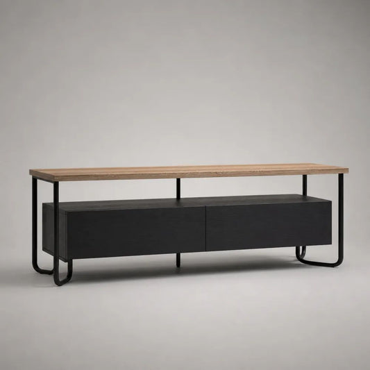 Meuble TV rectangulaire avec 2 compartiments en panneaux de particules et acier, chêne naturel et noir, 160 × 40 × 60 cm