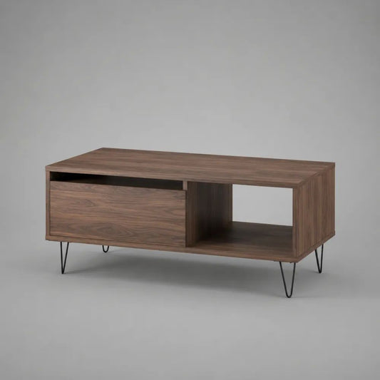 Table basse rectangulaire en bois et métal avec tiroir et niche, effet noyer et noir, 100 x 50 x 45 cm