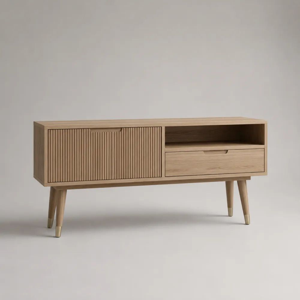 Meuble TV bas rectangulaire en MDF plaqué chêne avec porte rainurée, tiroir et niche ouverte, chêne naturel/laiton, 120 × 40 × 70 cm