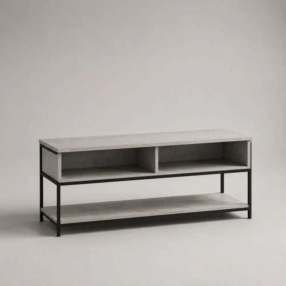 Meuble téléviseur avec 2 compartiments ouverts et étagère, panneaux de particules mélaminés et acier, gris béton et noir, 120 × 40 × 60 cm