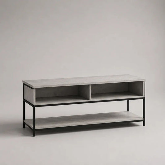Meuble téléviseur avec 2 compartiments ouverts et étagère, panneaux de particules mélaminés et acier, gris béton et noir, 120 × 40 × 60 cm
